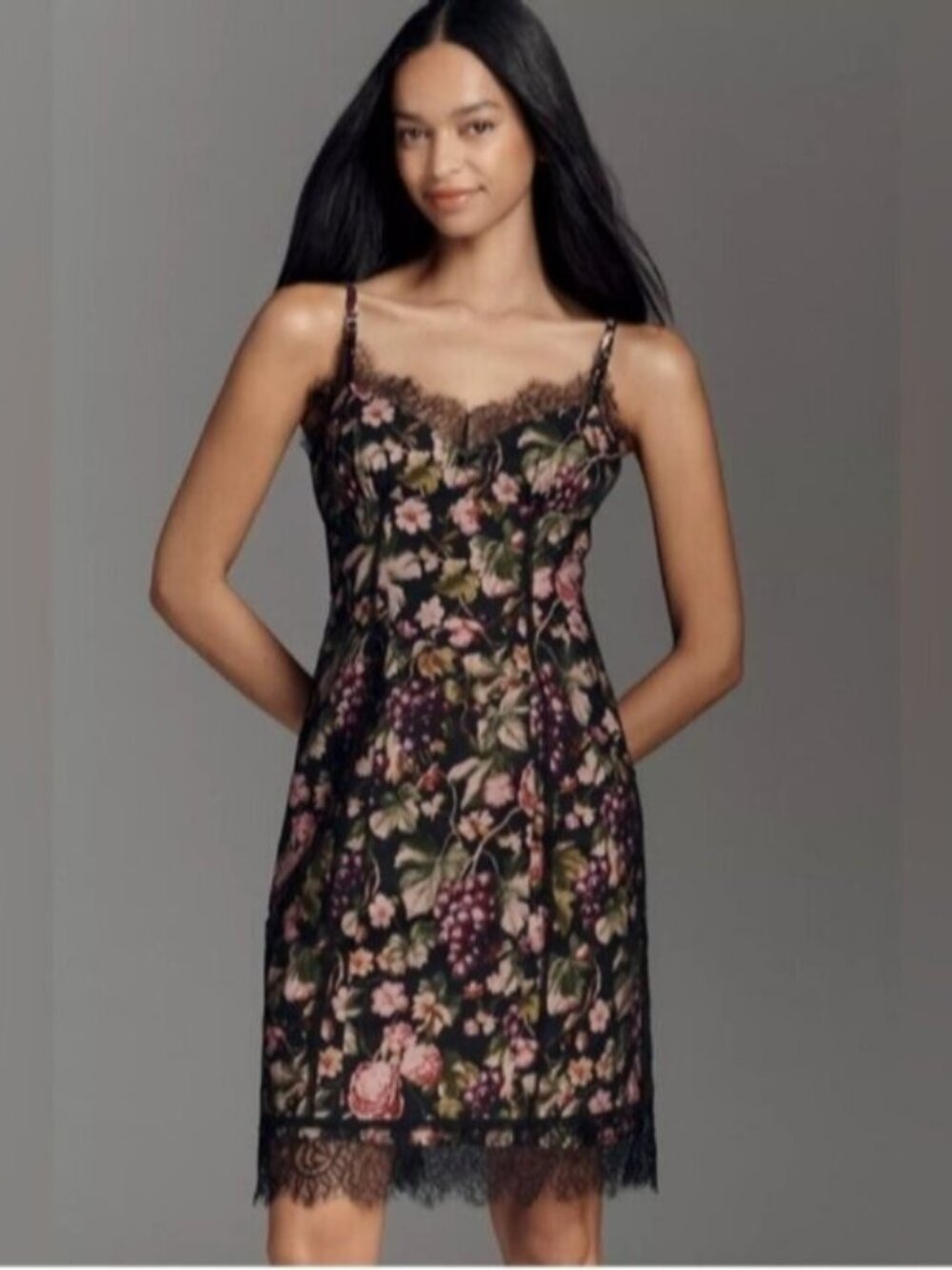 NWT Size MP - Anthropologie Black Floral Fruit Lace/Mesh Dress (NWT US$ 178)